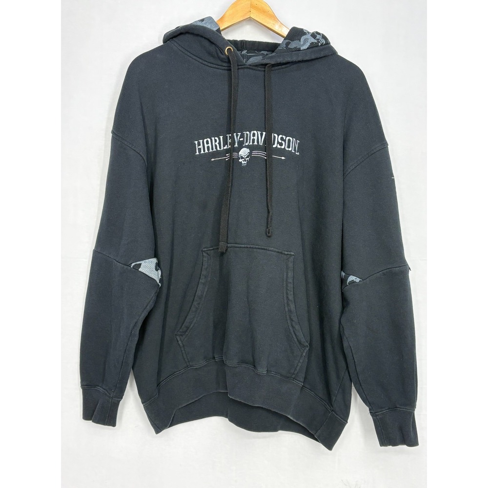 Harley-Davidson Hoodie Mens Black Embroidered Logo Pocket XL Vintage Skull Inlay